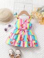 Baby Girl Rainbow Striped & Butterfly Printed Sleeveless Dress