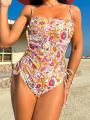 SHEIN Swim BohoFeel Women's One-Piece Swimsuit With Floral Print And Drawstring