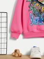 Girls' Casual Cartoon Print Long Sleeve Round Neck Sweatshirt, Suitable For Autumn & Winter