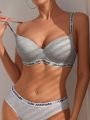 Women's Letter Jacquard Strap Bra With Non-Removable Molded Cups