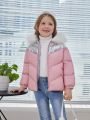 SHEIN Kids EVRYDAY Little Girls' Hooded Collar Cozy Coat With Thick Loose Fit Design, Woven Contrast Coated Fabrics