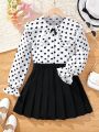 SHEIN Girls' Polka Dot Woven Doll Collar Casual Shirt And Woven Solid Color Pleated Skirt Two-piece Set