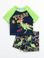 Baby Boy Cartoon Dinosaur Print Color Block Short Sleeve T-Shirt, Shorts And Swimwear Set