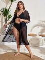 SHEIN Swim Basics Plus Size Fur Ball Trim Drawstring Waist Kimono Dress