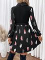 SHEIN Frenchy Feather Print Lantern Sleeve Dress