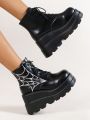 Lace-up High Top Thick Platform Gothic Boots For Women, Increase Height & Combat Style & Outdoor, Wedge Heel & Motorcycle Boots