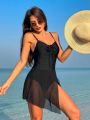 SHEIN Swim Classy Women'S One-Piece Swimsuit With Mesh Knot Detailing On The Chest