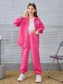 SHEIN Kids EVRYDAY Teenage Girls' Loose Fit Casual Shirt And Jogger Pants Set With Letter Applique