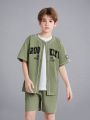 SHEIN Kids EVRYDAY Boys' Loose Fit Casual Letter Pattern Color-Block Hem Shirt And Shorts 2pcs/Set