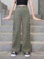 Girls' (big) New Arrival Camo Green Cargo Multi-pockets Straight Leg Jeans