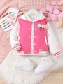 Young Girl Letter Graphic Floral Patched Striped Trim Varsity Jacket