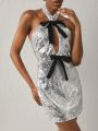 Angela Mastrolia SHEIN X Angela Mastrolia Sequins Silver Dress With Black Velvet Bows