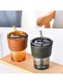 1pc Glass Coffee Cup, Home & Office Straw Cup, 400ml Large Capacity Couple Water Cup, Women's Gift Juice Cup With Straw And Insulated Pu Leather Sleeve