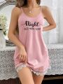 Patchwork Lace Trimmed Letter Print Sleeveless Nightgown