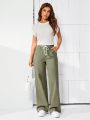 SHEIN LUNE Drawstring Waist Wide Leg Jeans