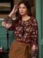 SHEIN Frenchy Vintage Floral Print Boho Style V-Neck Puff Sleeve Blouse