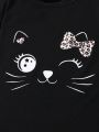 Infant Girls' Simple Cat Pattern Printed T-shirt And Leopard Print Pants Set