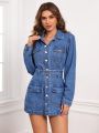 SHEIN Privé Women's Denim Dress With Belt, Pocket Decoration