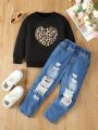 Toddler Girls' Leopard & Heart Print Sweatshirt And Ripped Jeans Casual Comfortable 2pcs Outfits