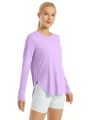 Women's Purple Sun Protection Long Sleeve T-shirt With Split Hem Detail Below Neckline