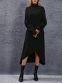 High Neck Batwing Sleeve Wrap Hem Sweater Dress (belt Not Included)