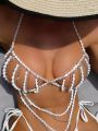 SHEIN Swim SXY Women's Pearl Beaded Chain Halter Chiffon Cover Up Top