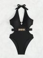 SHEIN Swim SXY Women's One Piece Halter Swimsuit With Removable Belt