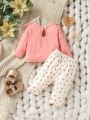 SHEIN Baby Girl Rabbit & Floral Print Ruffle Trim Tee & Pants