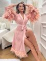 Fuzzy Trim Belted Mesh Sleep Robe Without Lingerie