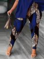 Plus Size Asymmetrical Neckline Top With Letter Print And Animal Pattern Patchwork, Hollow Out Leggings Two Piece Set