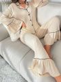 Contrast Binding Flare Sleeve Ruffle Hem Lounge Set