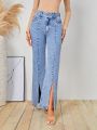 SHEIN Privé Women's High Slit Flared Jeans