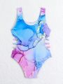 Young Girl'S One-Piece Swimsuit With Full Print And Hollow Out Detail On The Side