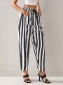 MUSE BY MONET Black And White Denim Striped Drawstring Drop Crotch (Harem) Pants.