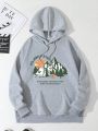 Men's Hooded Sweatshirt With Text Print And Drawstring