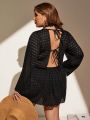 SHEIN Swim Basics Plus Size Solid Color Hollow Knit Back Tie Cover Up