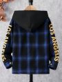 SHEIN Kids HYPEME Tween Boy Plaid Print Letter Graphic Hooded Shirt Without Tee