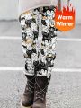 EMERY ROSE Women's High Waist Long Fleece-lined Cat Pattern Leggings