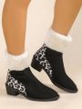 Women's Fashionable Leopard Print Mid-calf Boots, Warm & Stylish, Autumn And Winter, British Style Pointed Chunky Mid Heel Booties, Slip-on, Fashion Shoes