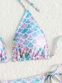 SHEIN Swim Vcay Mermaid Scale Triangle Cup Halter Neck Swimsuit Set