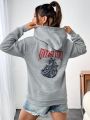 Letter & Motorcycle Graphic Drop Shoulder Drawstring Hoodie