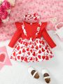 2pcs Infant Toddler Girls' Cute Heart & Cartoon & Letter Printed Round Neck Long Sleeve Dress With Bow Headband For Home Or Daily Wear