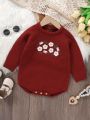 Infant Girls' Flower Embroidery Drop Shoulder Sleeve Sweater Jumpsuit