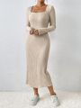 SHEIN Frenchy Ladies' Solid Color Knitted Square Neck Long Dress