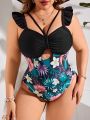 SHEIN Swim Vcay Plus Size Tropical Print Patchwork One-Piece Swimsuit