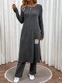 2pcs/Set Solid Ribbed Knit Sweater And Skirt Set With Button Details