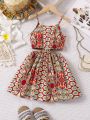 SHEIN Kids EVRYDAY Young Girl'S Full Pattern Print Hollow Out Waist Cami Dress