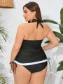 SHEIN Swim Chicsea Women'S Plus Size Colorblock Rolled Edge Halter Neck Drawstring Bikini Top