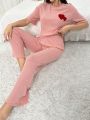 Women'S Heart Printed Top And Solid Colored Pants Homewear Set