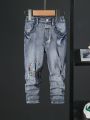 Toddler Boys' Distressed Sanding, Full Sweep Horse Muffler Design, Printed Slingshot & Drop Crotch Jeans